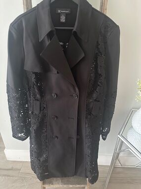 INC International Concepts Black Lace-Panel Double-Breasted Trench